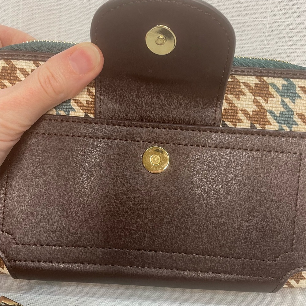 Spartina mini handbag crossbody leather linen wallet green brown houndstooth - Picture 5 of 14